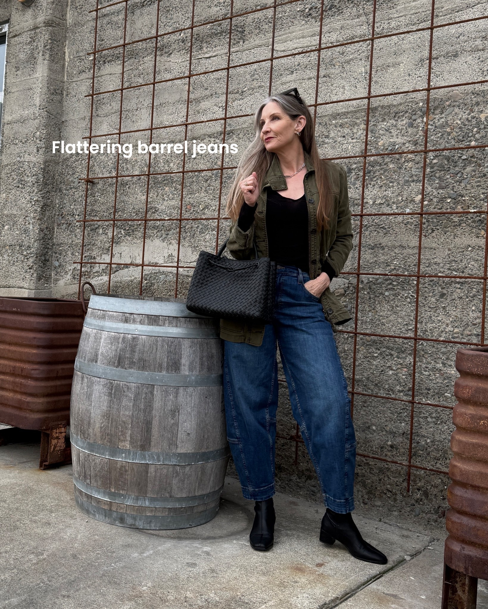 Modern minimalist style.  Flattering barrel jeans. #capsulewardrobe #versatilepieces #barreljeans #utilityjacket #comfortableboots #leathersatchel

#LTKootd #LTKOver40 #LTKMidsize