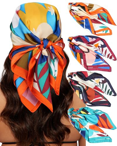 CHLINS 4 PCS 27.5 Inches Satin Head Scarf Silk Scarf for Women Lightweight Hair Bandanas Head Scarves Neck Scarf Hair Wrap (Green+Black+Brown+Orange) | Amazon (US)