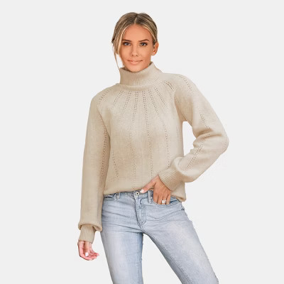 Women's Beige Cozy Knitted Turtleneck Sweater with Intricate Pointelle Details - Cupshe-L-Beige | Target