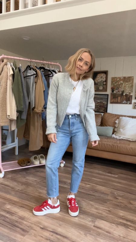 OOTD: Classic levi denim and gray Abercrombie sweater with white boxy tshirt and red adidas platform sneakers. Petite casual style for fall.  

#LTKstyletip #LTKshoecrush #LTKSeasonal