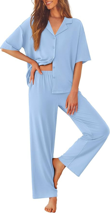 Ekouaer Women Pajamas Set Button Down Sleepwear Short Sleeve Pjs Soft Comfy Nightwear with Long P... | Amazon (US)