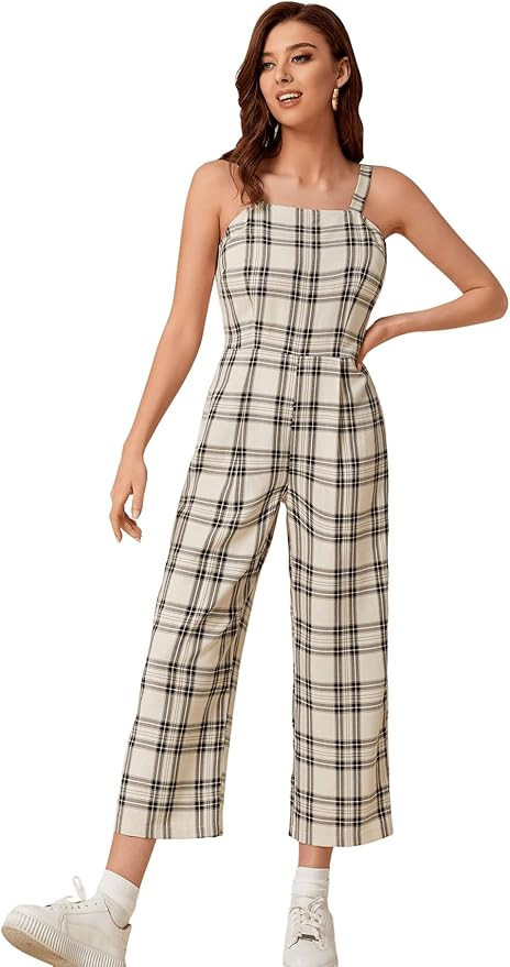 SweatyRocks Women's Casual Sleeveless Plaid Print Tank Top Long Jumpsuit Romper | Amazon (US)