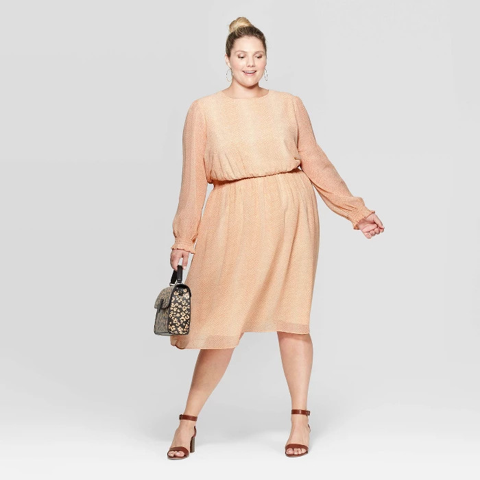 Women's Plus Size Snake Print Long Sleeve Crewneck Smocked Waist Midi Dress - Ava & Viv™ Brown | Target