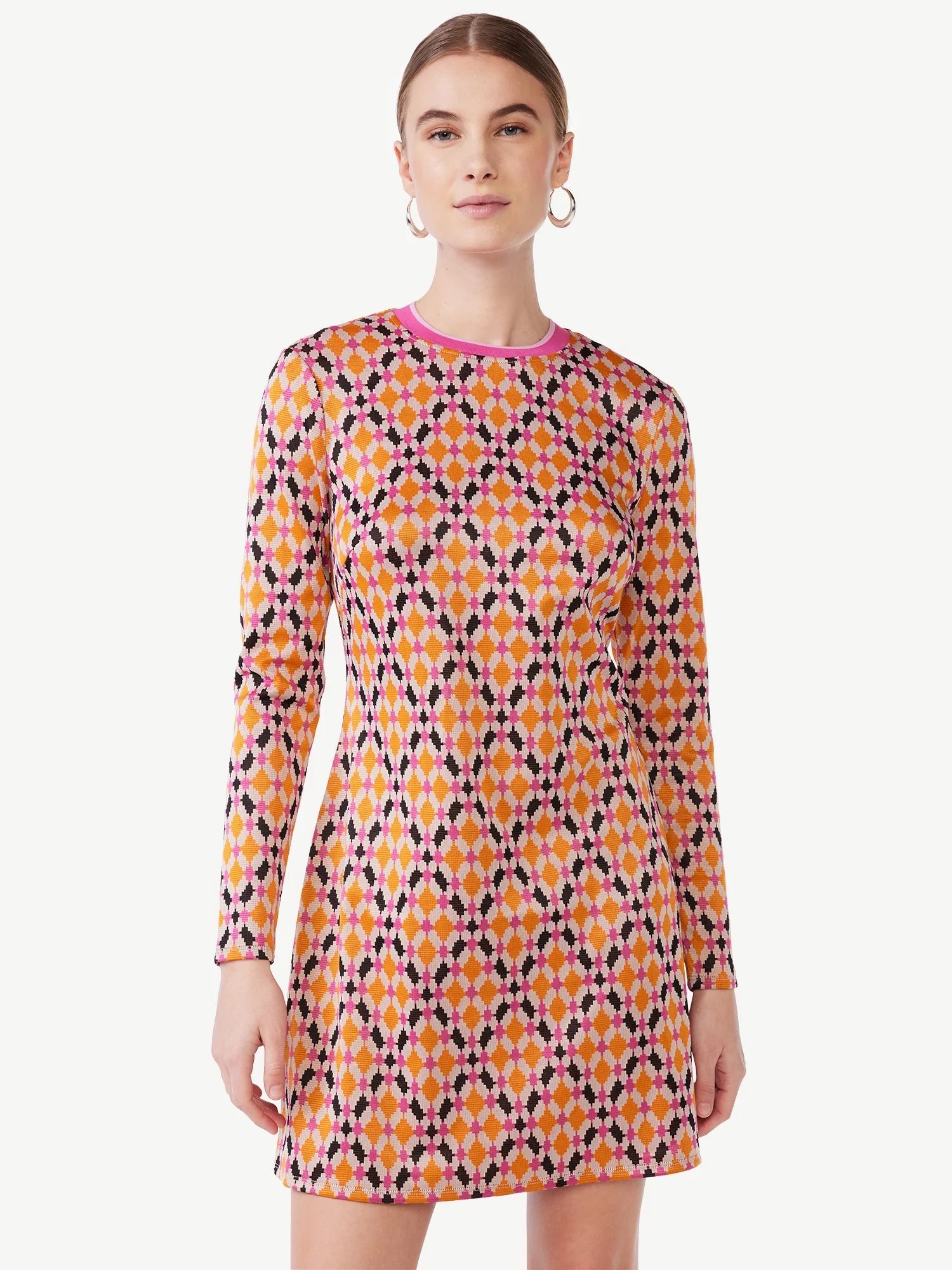 Scoop Women's Crewneck Jacquard Short Dress with Long Sleeves, Sizes XS-XXL | Walmart (US)