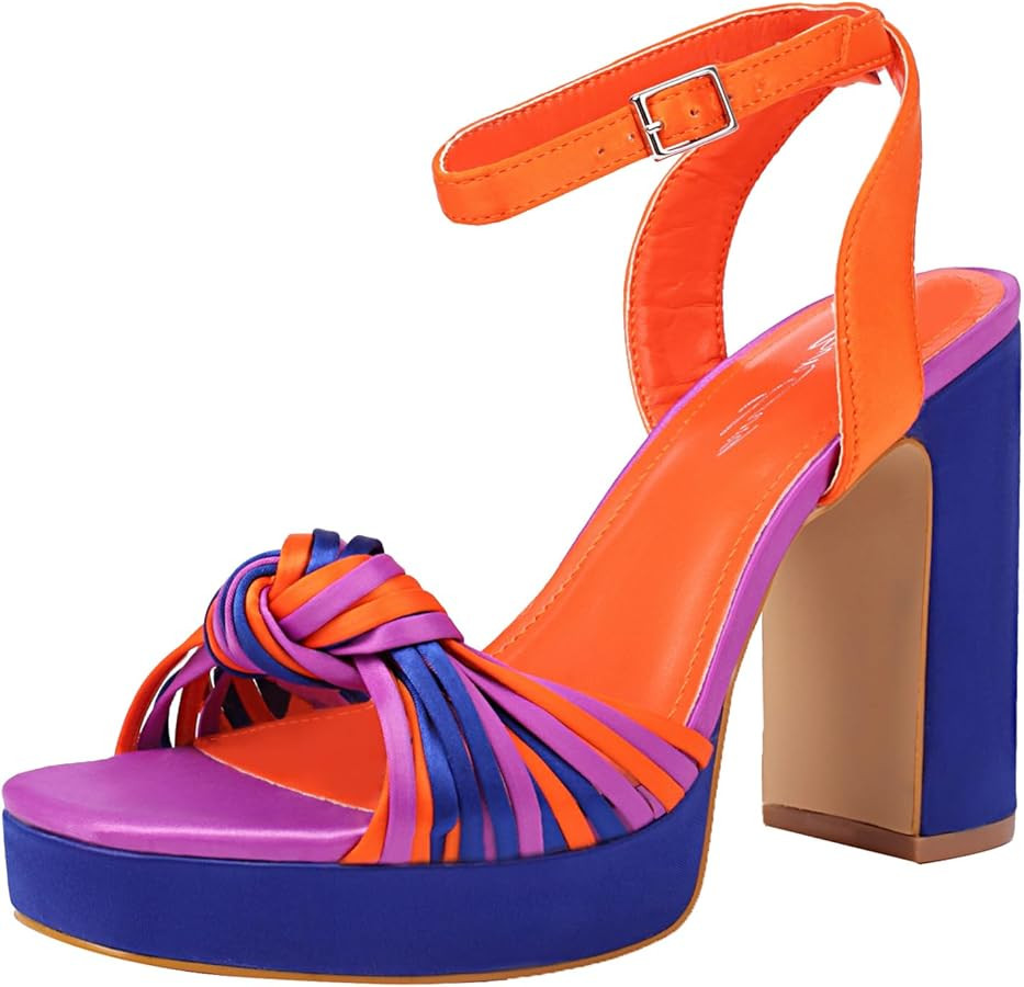 sun gurg Strappy Platform Heels for Women Square Open Toe Chunky High Heels Multicolored Ankle St... | Amazon (US)