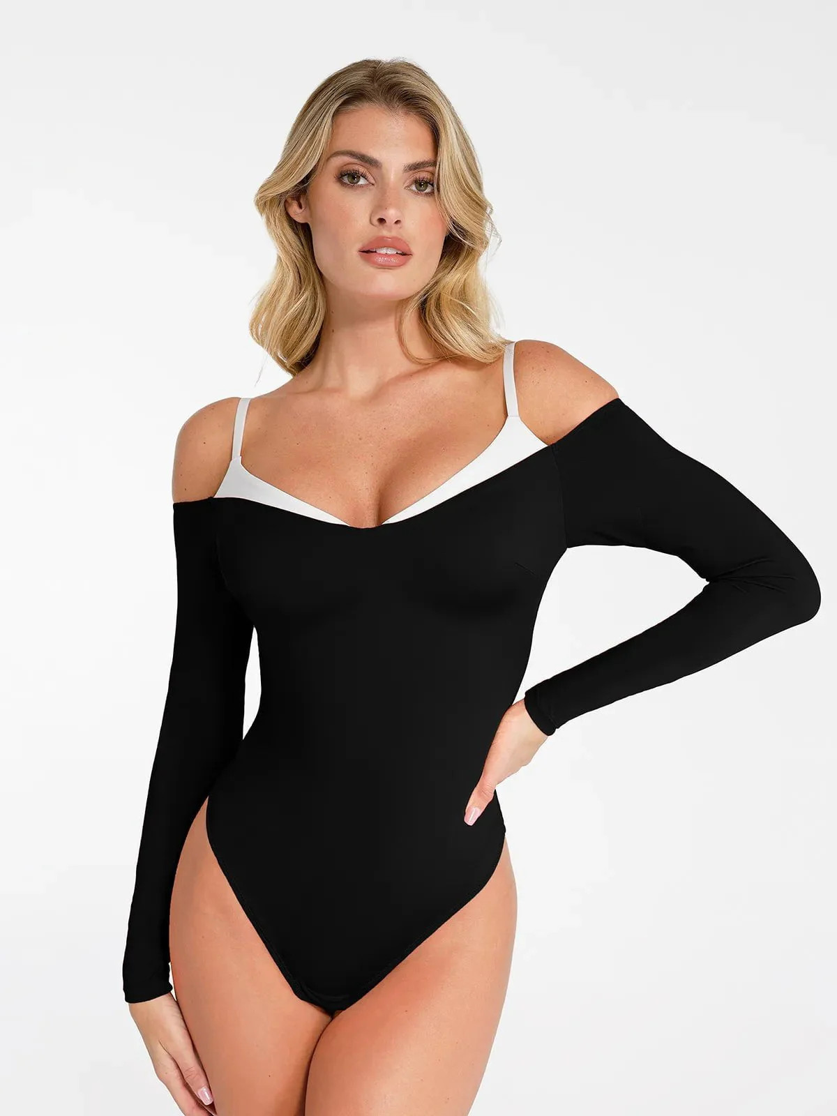 Shapewear Long Sleeve Cold Shoulder Tummy Control Bodysuit | Popilush
