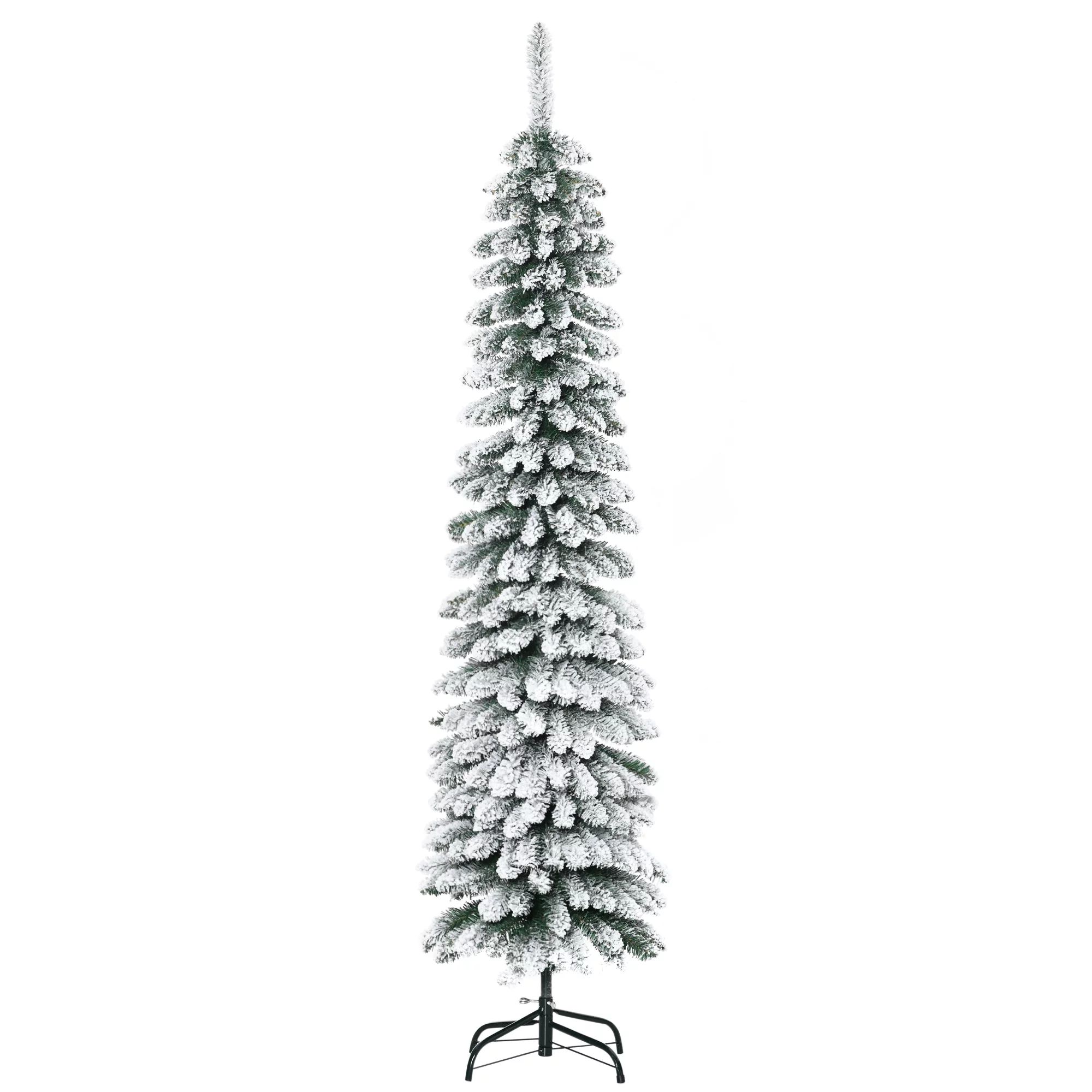 HOMCOM 6 Foot Snow-Flocked Artificial Christmas Tree, Slim Pencil Xmas Tree with 395 Realistic Br... | Walmart (US)