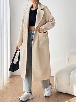 KAKIGO Women Winter Long Sleeve Wool Coat Apricot Lapel Neck Double Pocket Drop Shoulder Overcoat | Amazon (US)