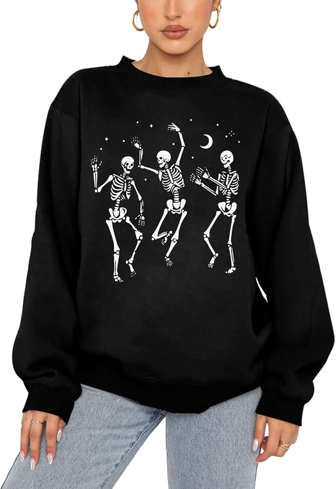 Women's Halloween Dancing Skeleton Sweatshirts Spooky Season Horror Skull Printed Pullover Shirt ... | Amazon (US)