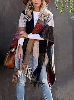 Women Buffalo Plaid Blanket Poncho Plus Size Fleece Kimono Sweaters Knit Fringe Shawl Wraps Warm Cap | Amazon (US)