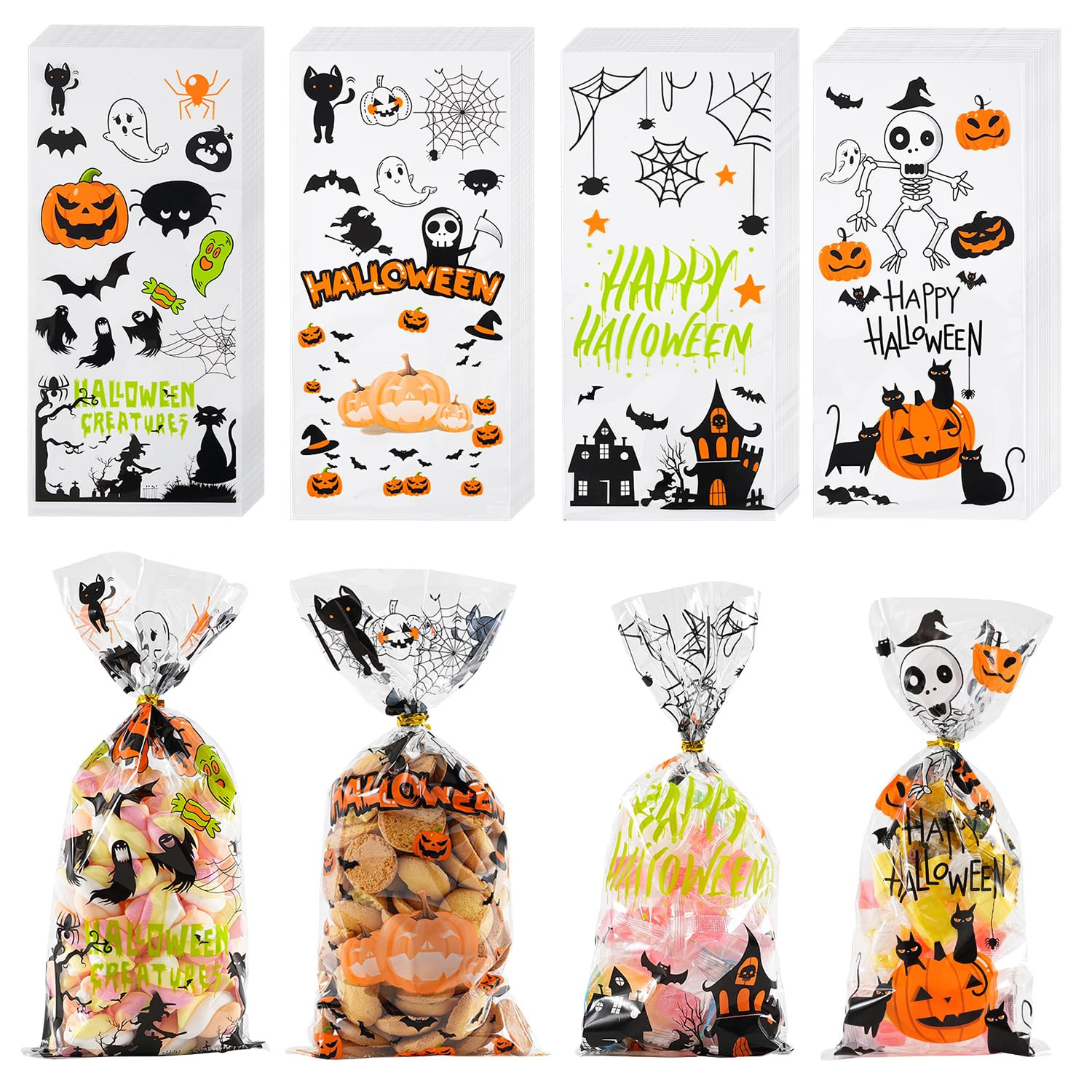 ONFAON Halloween Cellophane Treat Bags, 180pcs Halloween Trick or Treat Goody Gags with 200pcs Tw... | Amazon (US)