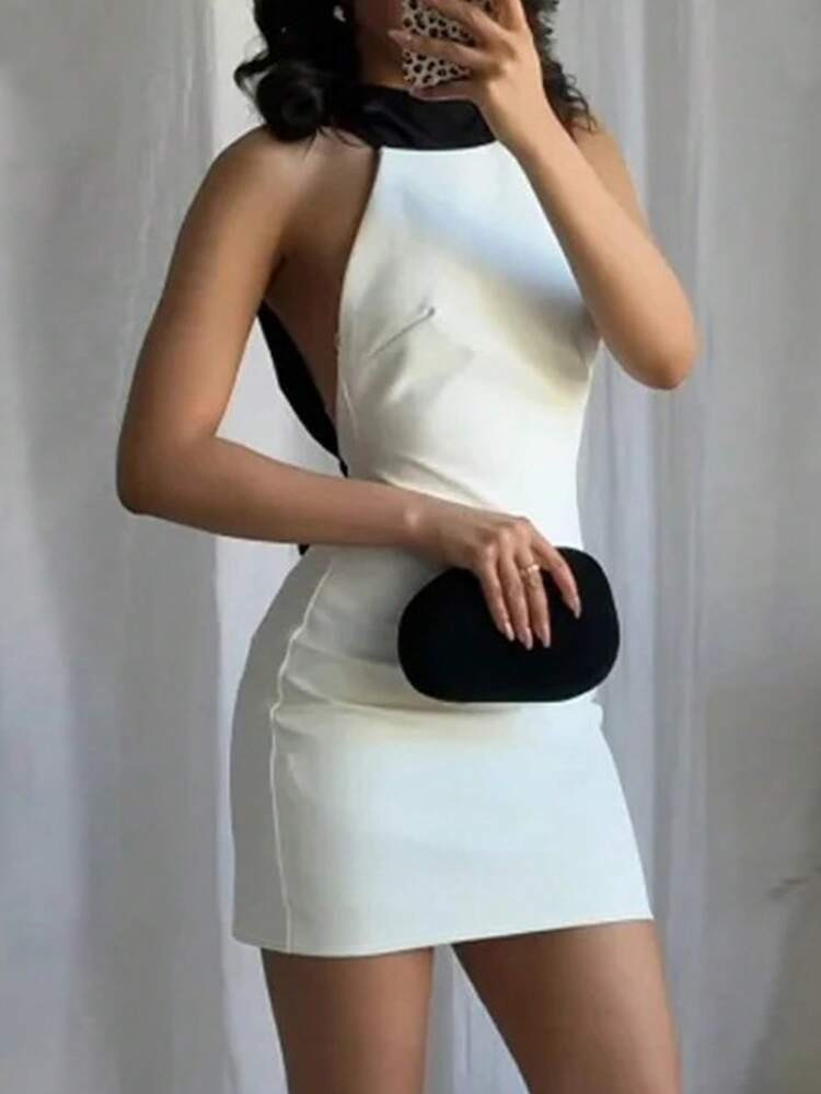 Women's Sweet & Sexy Black Bow White Backless Bodycon Mini Dress, Contrast Color Woven Fabric, Summer | SHEIN