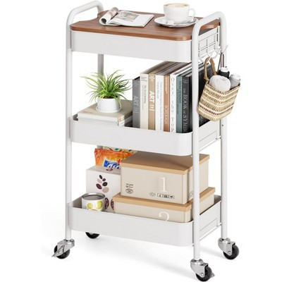Aoibox 3 Tier Metal Rolling Cart with Removable Wood Table Top Lockable Casters Easy Assembly 18.5x11.4x30.3in 1 Piece White | Target