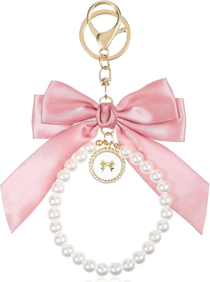 Pink Bow Keychain, Beige Pearl Keychain Coquette Keychain Cute Purse Keychain Bow Purse Charm Bow... | Amazon (US)