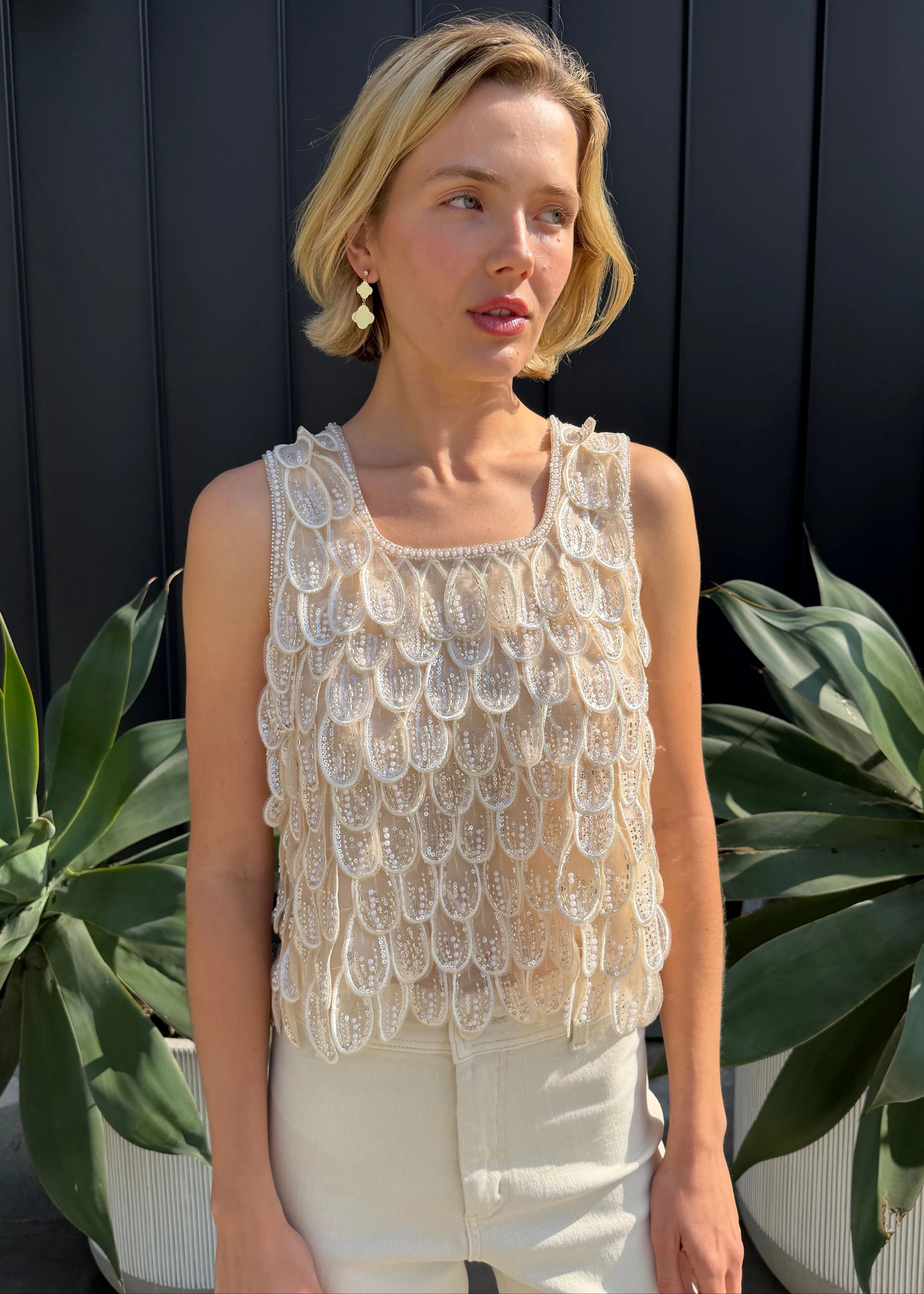 Portia Beaded Cropped Scalloped Top - Champagne | Benaar La