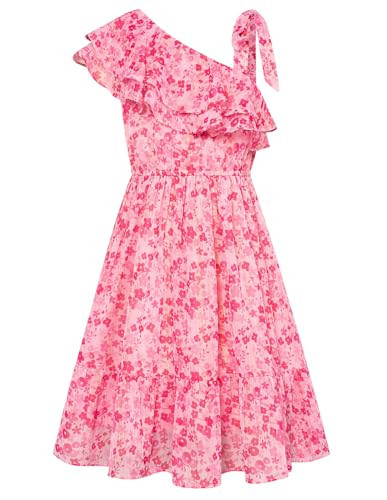 GRACE KARIN Girls Summer Dress A-Line Swing Casual One Shoulder Ruffle Dress Pink Floral Princess Dresses Size 10-12Y | Amazon (US)