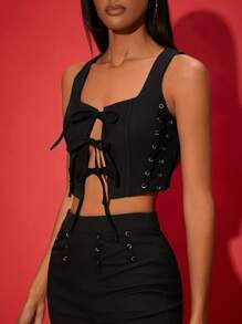 SHEIN Grommet Criss Cross Knot Front Crop Tank Top & Pants
   SKU: sw2108303382336393      
     ... | SHEIN