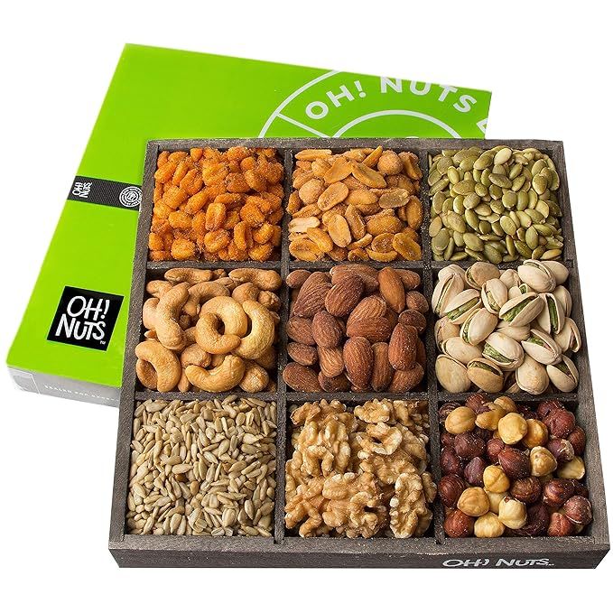 Oh! Nuts Holiday Nuts Gift Basket, 9 Variety Mixed Nut Assortment Wood Tray Baskets, Gourmet Roas... | Amazon (US)
