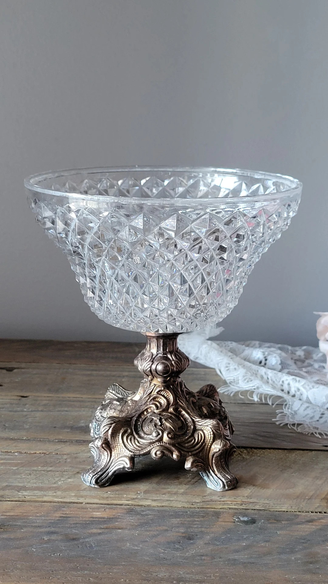 Vintage Glass Pedestal Compote Candy Dish, Vintage Glass Diamond Point Compote on Ornate Gold Ton... | Etsy (US)