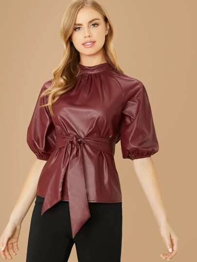SHEIN Puff Sleeve Faux Leather Belted Top | SHEIN