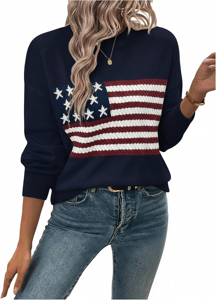 SweatyRocks Women's American Flag Print Long Sleeve Sweater Casual Loose Knit Round Neck Pullover... | Amazon (US)