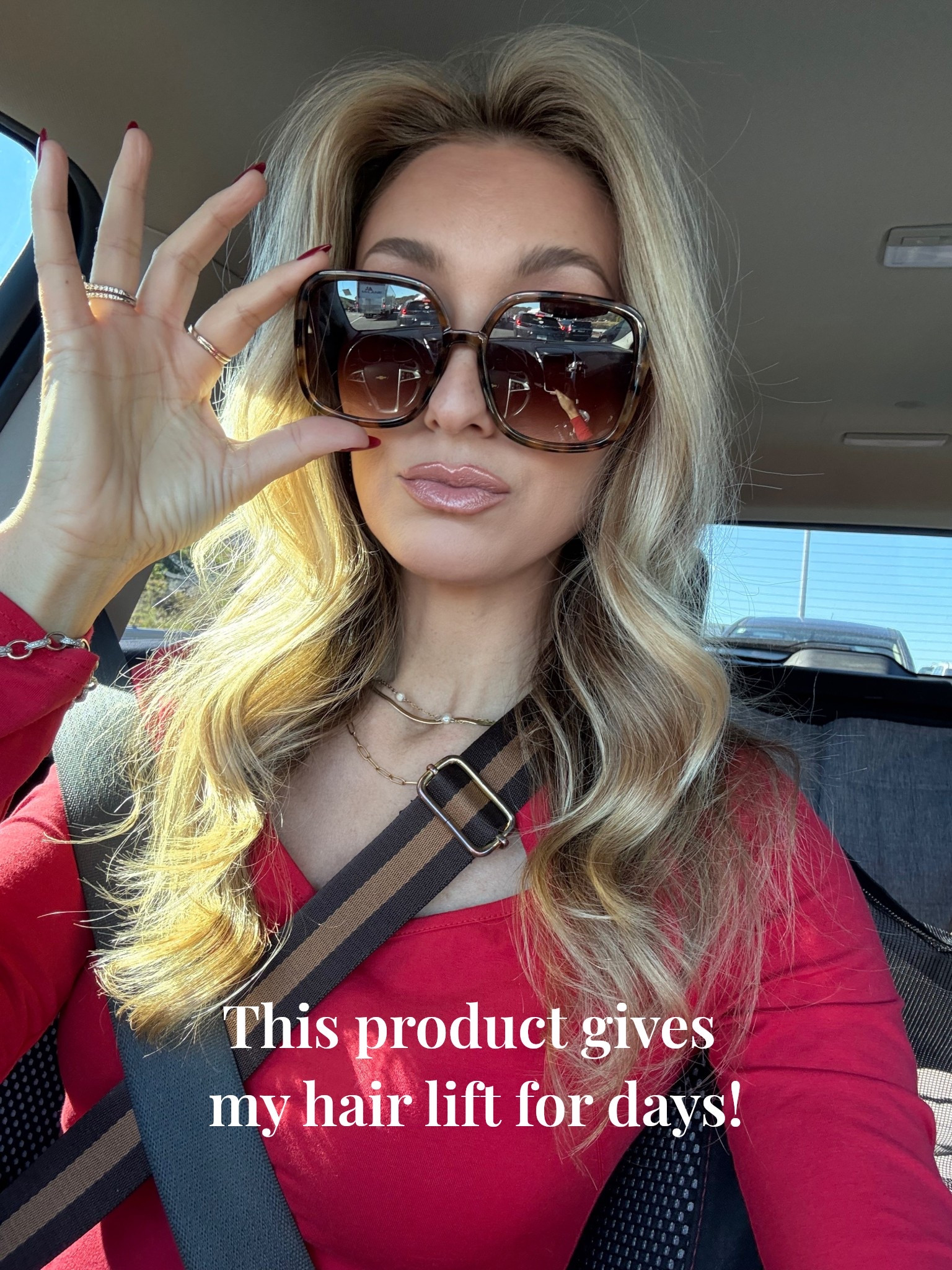 Hair root lifter powder for fine hair and days of volume 
Red bodysuit holiday look oversized tortoiseshell sunglasses lip plumper gloss 

#LTKHoliday #LTKGiftGuide #LTKselfcare