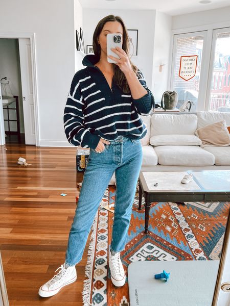 Wearing medium in sweater for oversized fit, jeans are Sezane (can’t link thru LTK anymore) and converse run 1/2 size big! 