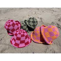 Handmade Straw Pink & Red Checkered Bucket Hats With Two Other Options, La Special | Etsy (US)