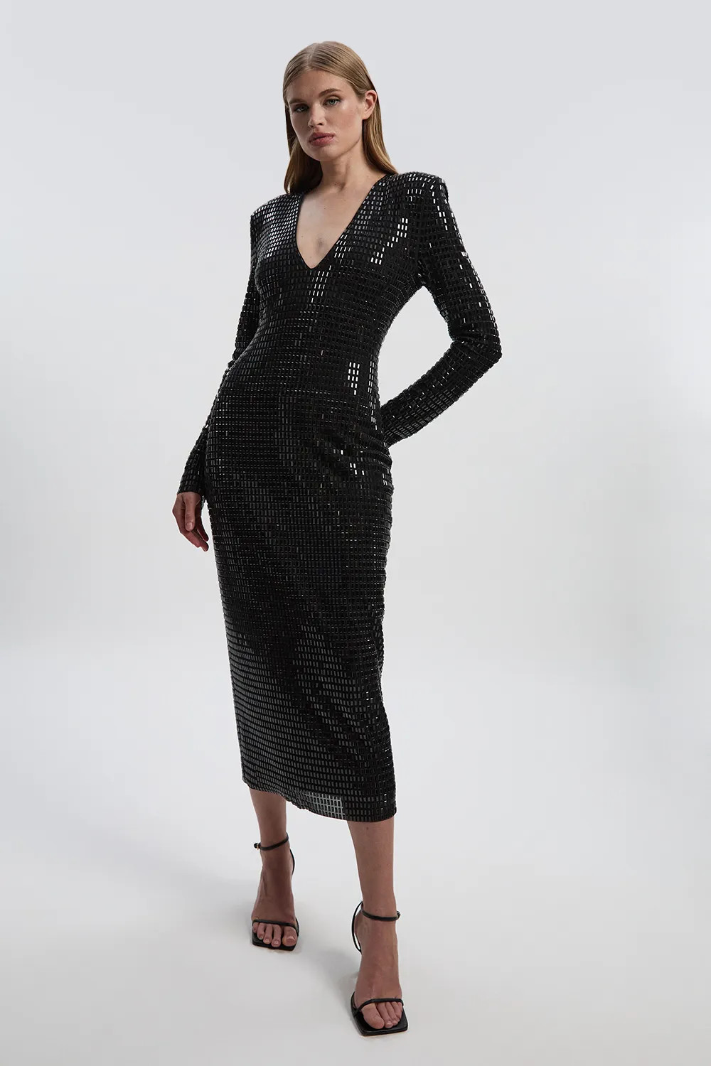 Premium Crystal Embellished Jersey Long Sleeve Plunge Neck Midi Dress | Karen Millen UK + IE + DE + NL