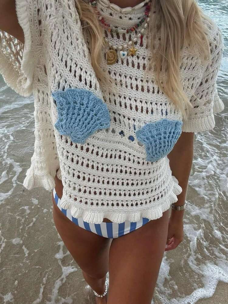 Live To Mo Women's Hollow Out Knitted Beach Cover Up With Delicate Ocean Elements Design, Adorable Shell Decor, Perfect For Summer Vacation And Valentine's Day | SHEIN