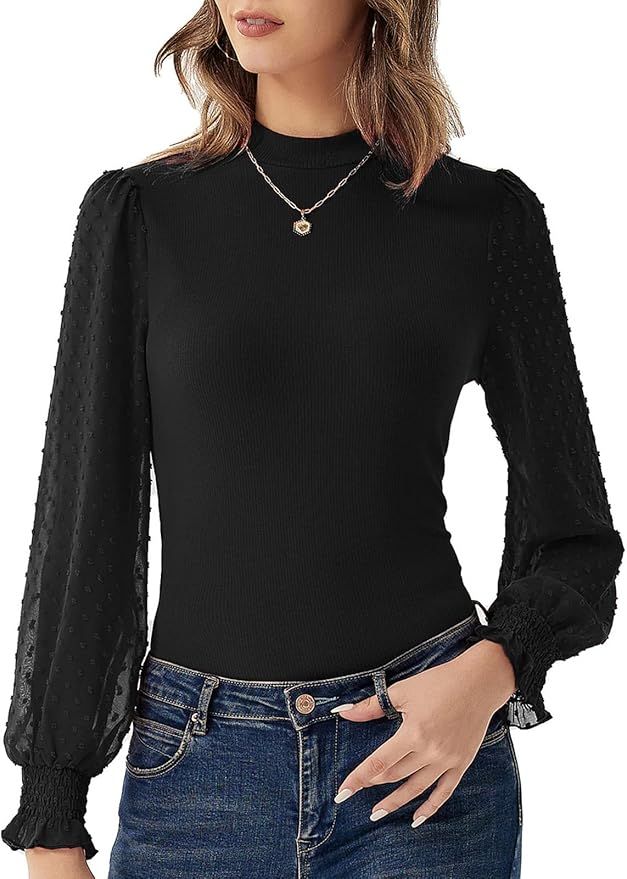 GRACE KARIN Women’s Mesh Long Sleeve Shirt Mock Neck Slim Fitted Ribbed Tops Blouse | Amazon (US)