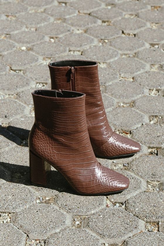 My Generation Brown Crocodile High Heel Mid-Calf Boots | Lulus (US)