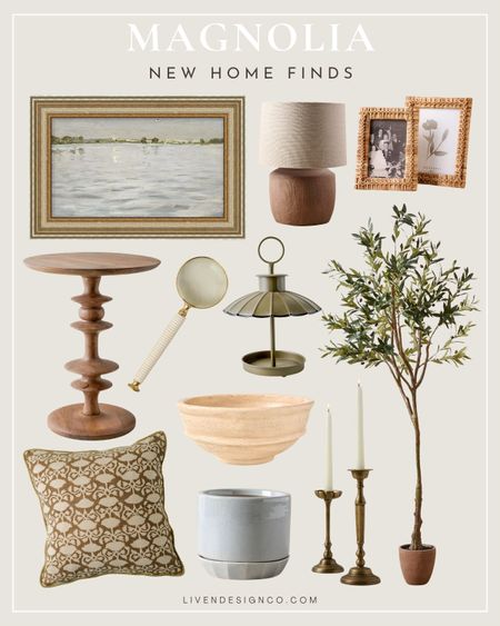 Magnolia Home decor finds. Home accents. Living room. Bedroom. Pedestal wood accent side table. Potted olive tree. Coastal painting art. Bird feeder. Rattan picture frame. Decorative bowl. Ceramic planter. Ceramic lamp. Brown lamp. Brown block print pillow. Brass taper candle holders. 

#LTKHome #LTKSeasonal #LTKStyleTip