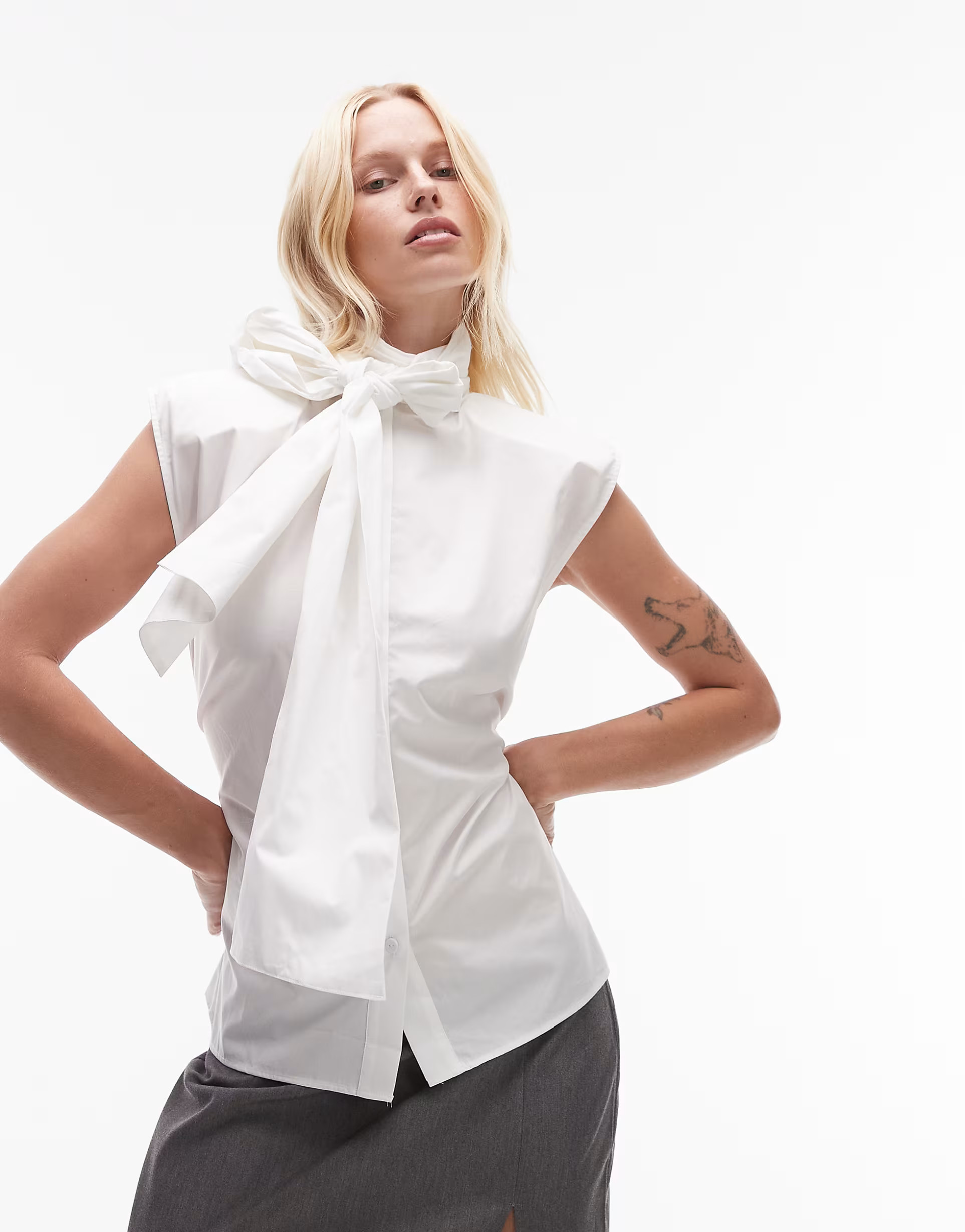 ASOS DESIGN shoulder pad tie neck blouse in ecru | ASOS (Global)