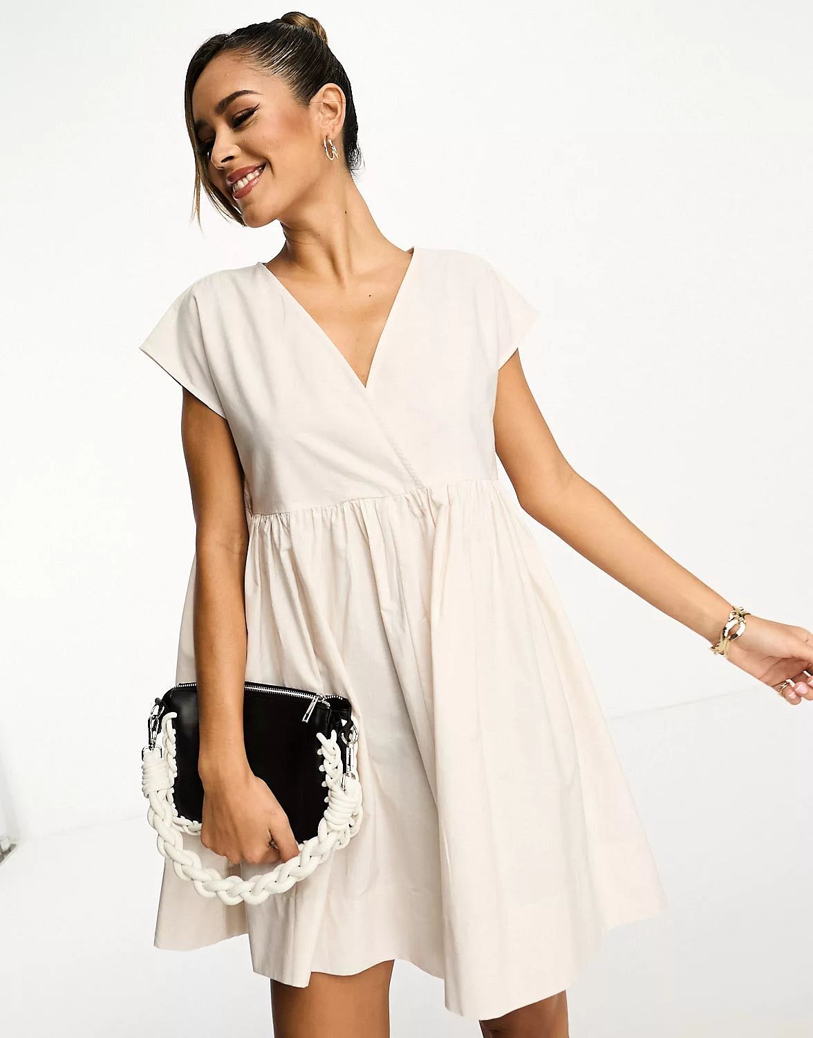 ASOS DESIGN cotton v neck mini smock dress in cream | ASOS (Global)