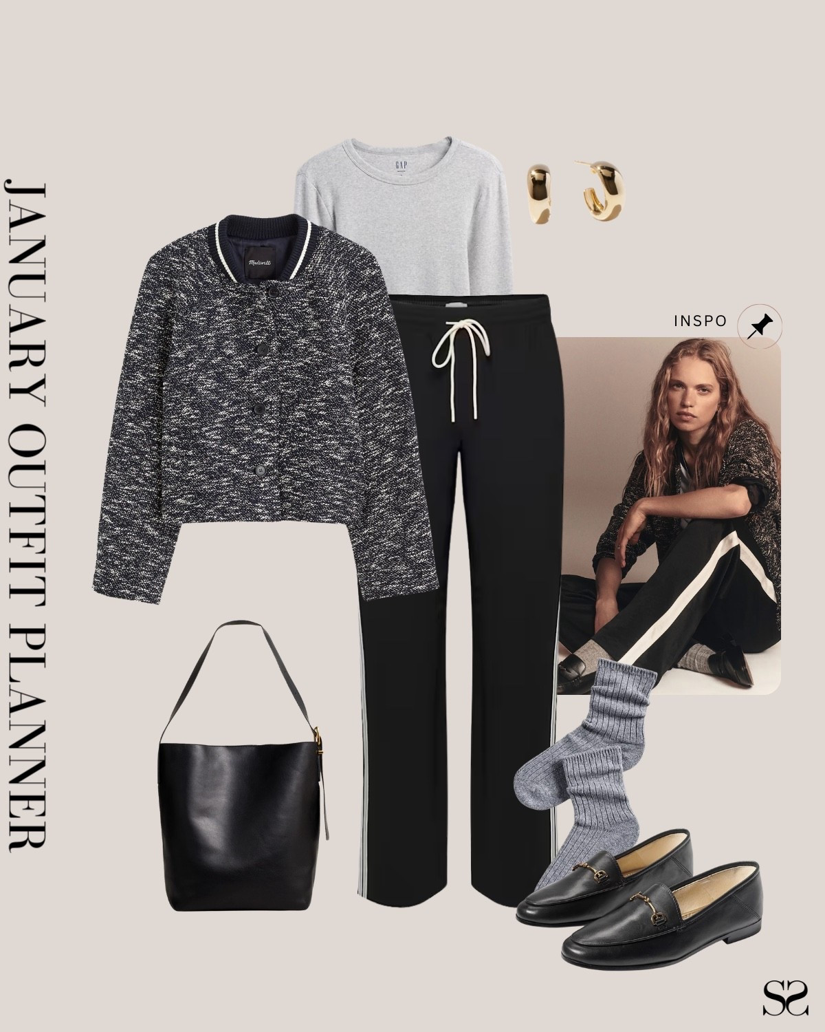 Monthly outfit planner JANUARY: Winter outfits | track pant, bomber jacket, cardigan, loafers 

#classicstyle #LTKstyletip #winteroutfit #dressycasual 

Image inspo credit: Madewell  

#LTKootd #LTKSeasonal #LTKgrwm