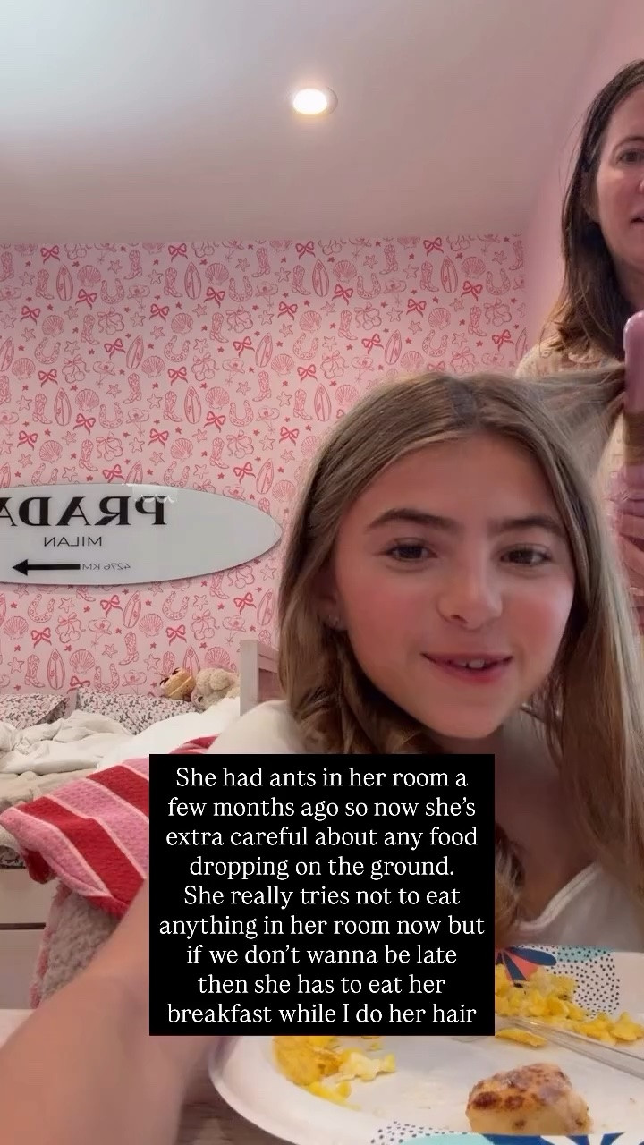 She had ants in her room a few months ago so now she’s extra careful about any food dropping on the ground. 
She really tries not to eat anything in her room now but if we don’t wanna be late then she has to eat her breakfast while I do her hair
