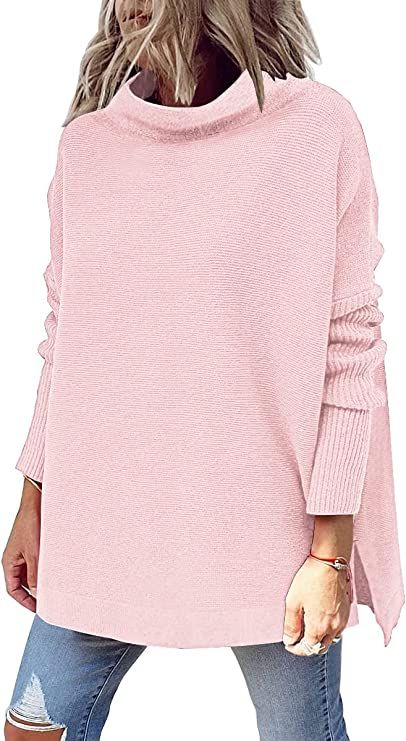 LILLUSORY Women's Mock Turtleneck Casual Oversized Sweater Long Batwing Sleeve Split Hem Ribbed K... | Amazon (US)