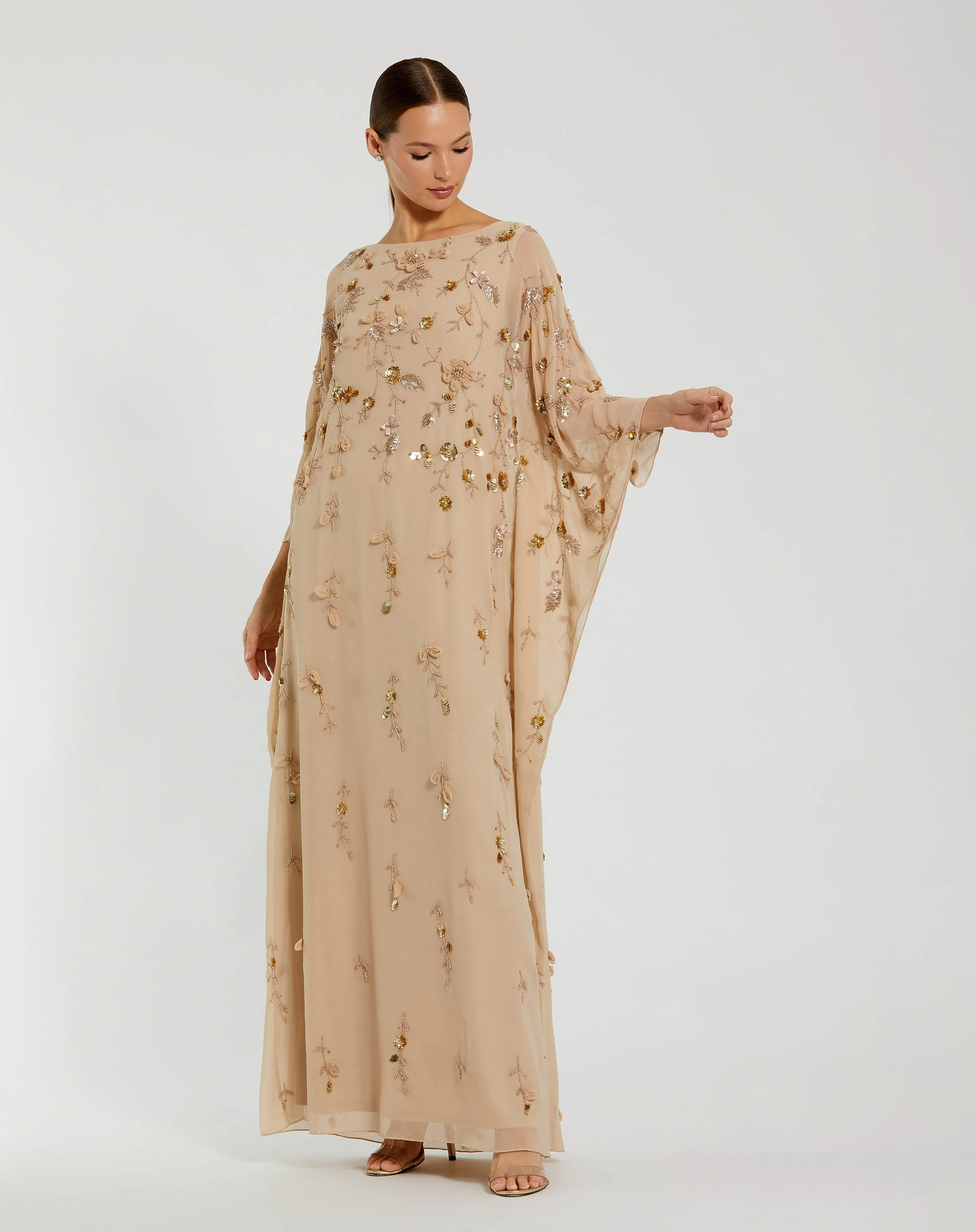 Beige Floral Embellished Trapeze Dress - Mac Duggal | Mac Duggal