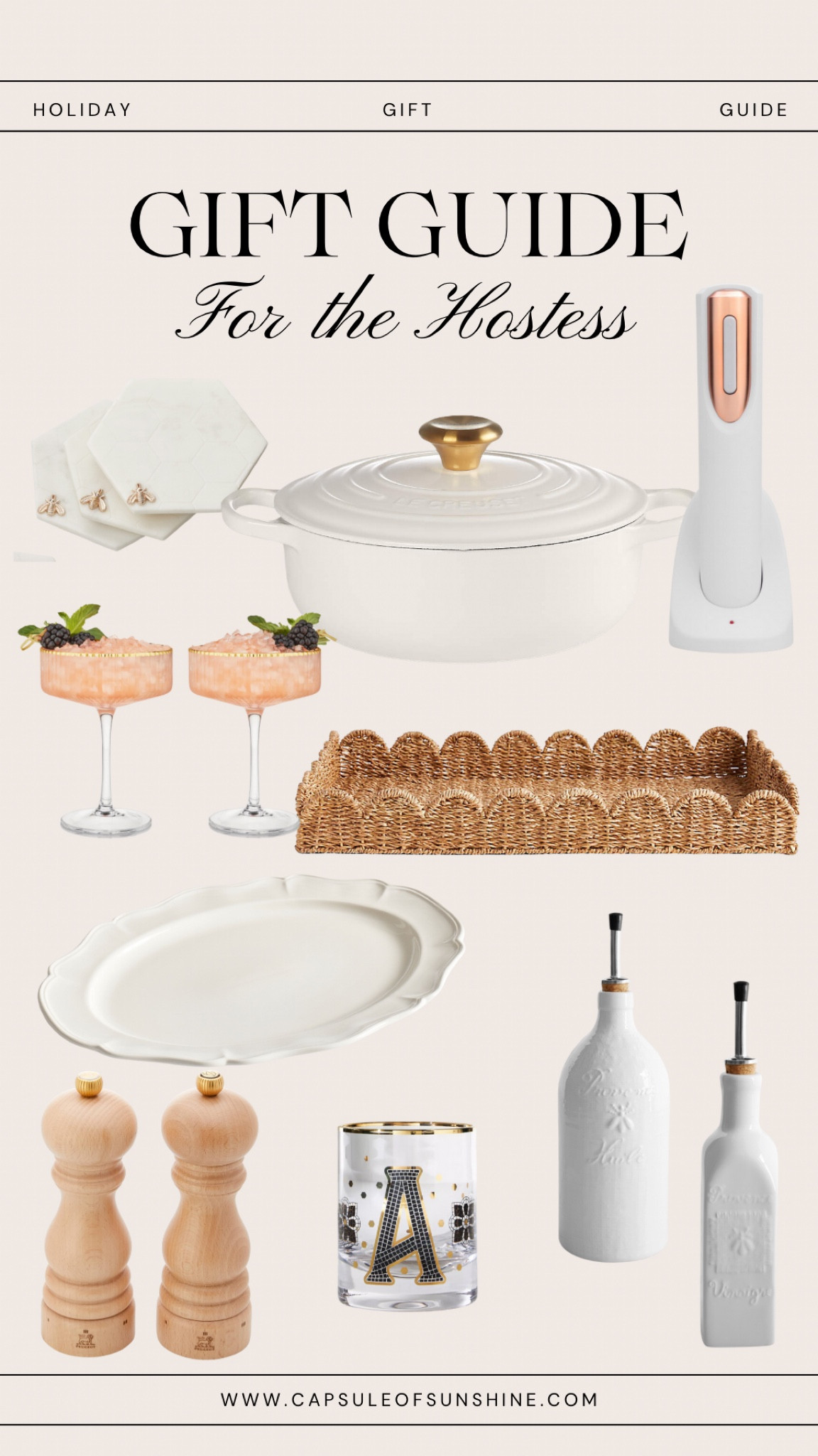 Gift guide for the hostess 

Williams Sonoma / Scalloped serving tray / Honeycomb bee coasters / Oil and vinegar dispenser / Cocktail glasses / Peugeot salt and pepper grinders / Electric wine opener / Vintage serving dish / Kitchen finds / gifts for the home 

#LTKGiftGuide #LTKHoliday #LTKCyberWeek
