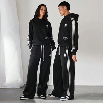 2pcs Unisex Loose Drop Shoulder Hoodie And Wide Leg Drawstring Sweatpants Set, Thermal Lined, Suitable For Autumn/Winter | SHEIN