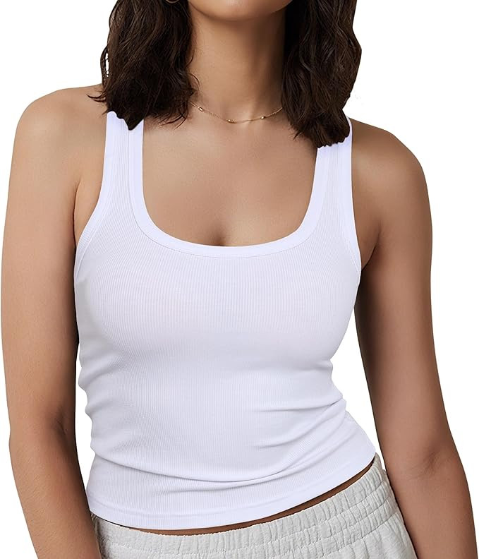 GEMBERA Women Sleeveless Scoop Neck Racerback Ribbed Knit Fitted Teen Basic Crop Tank Top Shirt | Amazon (US)