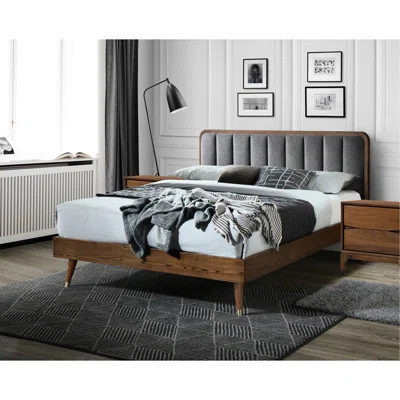 Mid - Century Modern Queen Bed: Solid Wood And , Slat Support System, Gold Tone Metal Legs, Upholstered Headboard Rubberwood Construction, Support, Le | Wayfair North America