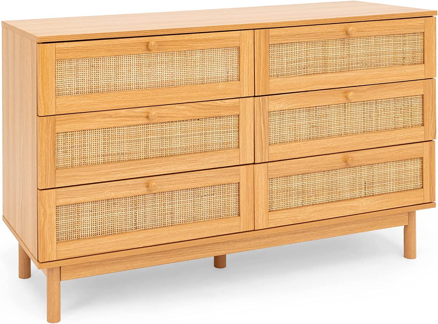 DHMAKER 6 Drawer Dresser, Rattan Dresser Modern Dresser for Bedroom, Wood Rattan Chest of Drawers... | Amazon (US)