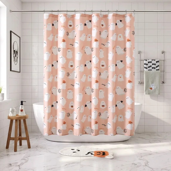 Way To Celebrate 13-Piece Cute Ghost Shower Curtain Set with 12 Hooks, Pink | Walmart (US)