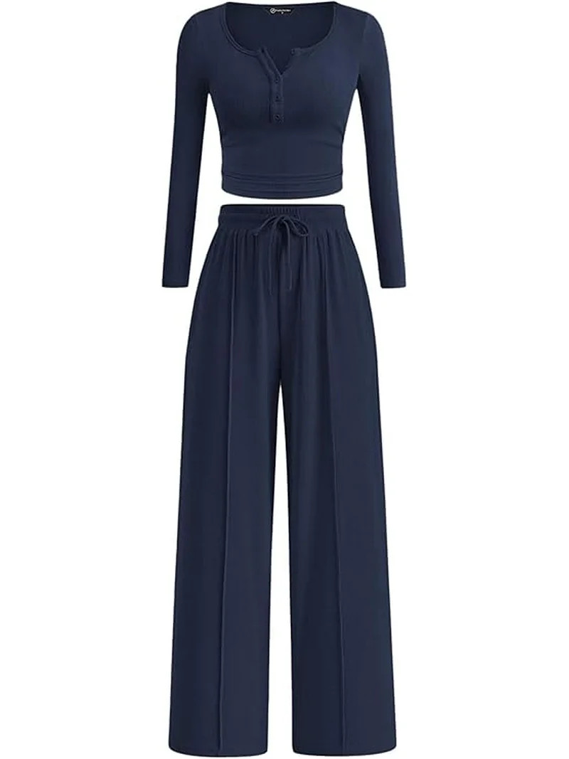 PRETTYGARDEN Women's Fall Trendy 2 Piece Outfits Lounge Sets Long Sleeve Top Henley Shirts Wide L... | Walmart (US)