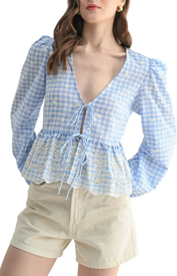 Lush Gingham Eyelet Long Sleeve Peplum Top | Nordstromrack | Nordstrom Rack