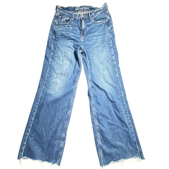 American Eagle Super High-Rise Baggy Wide Leg Jeans Blue Size 10 Long Raw Hem | Poshmark