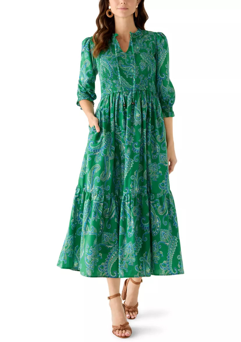 Women's Short Sleeve Smocked Paisley Midi Dress | Belk