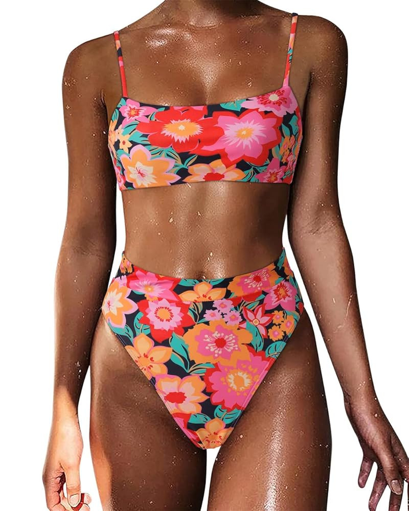 MOSHENGQI Women High Wasited Bikini Shoulder Strap 2 Piece High Cut String Swimsuits | Amazon (US)